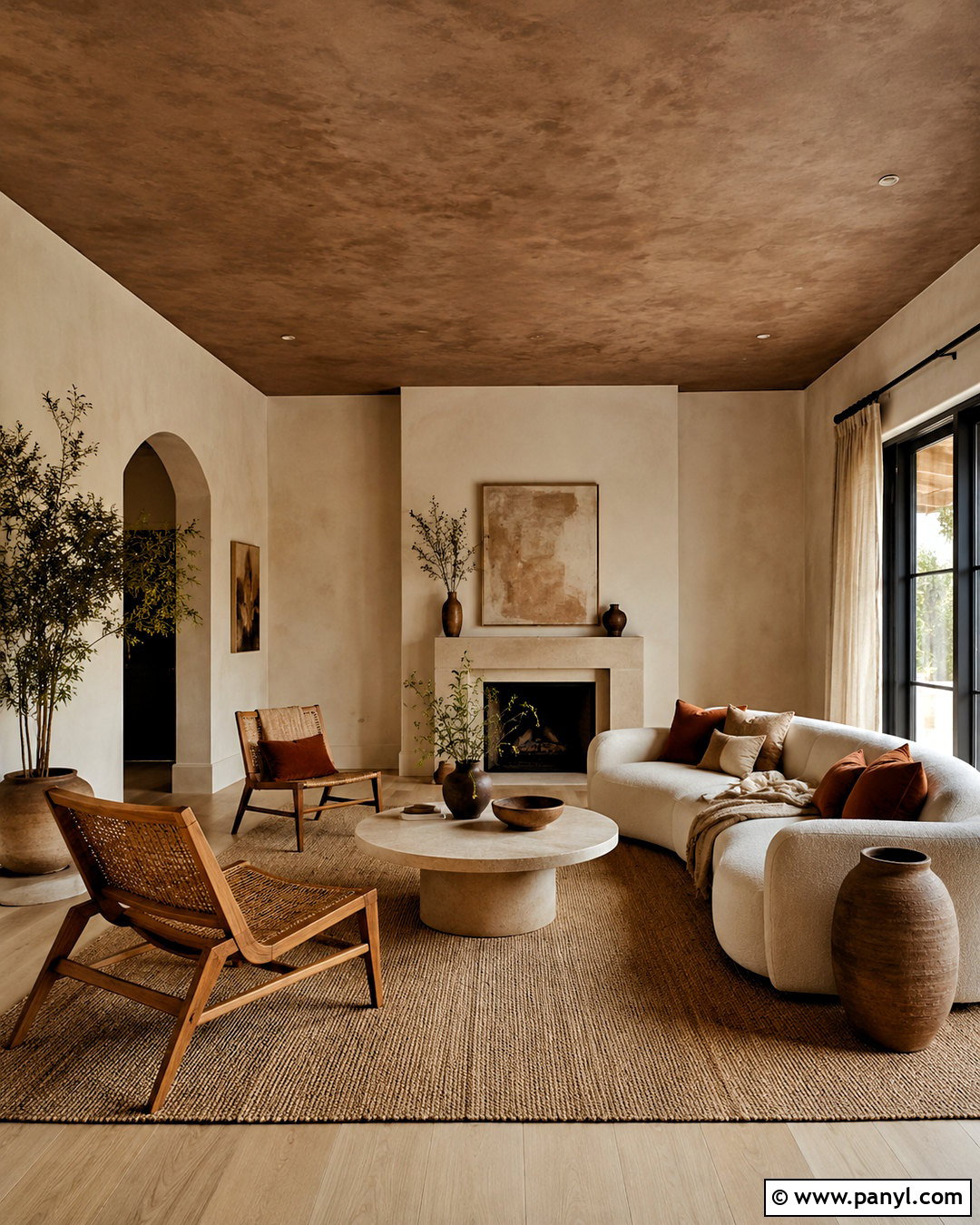 Brown Limewash Ceiling With Natural Textures - 20 brown ceiling living room ideas