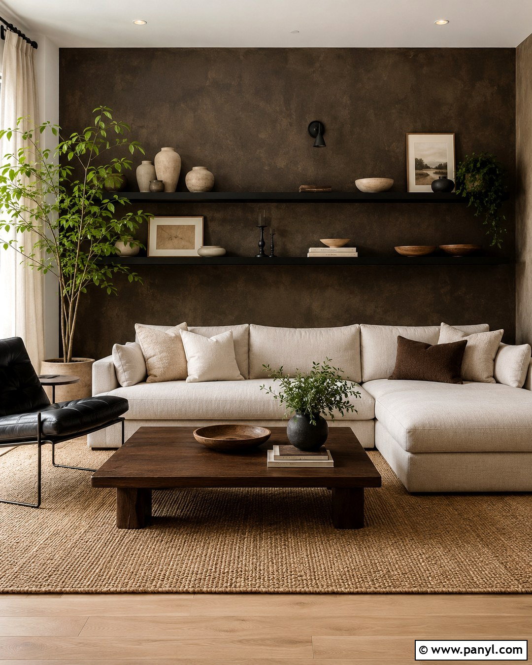 Brown Limewash Wall With Black Shelves - 20 Brown Black Accent Wall Ideas