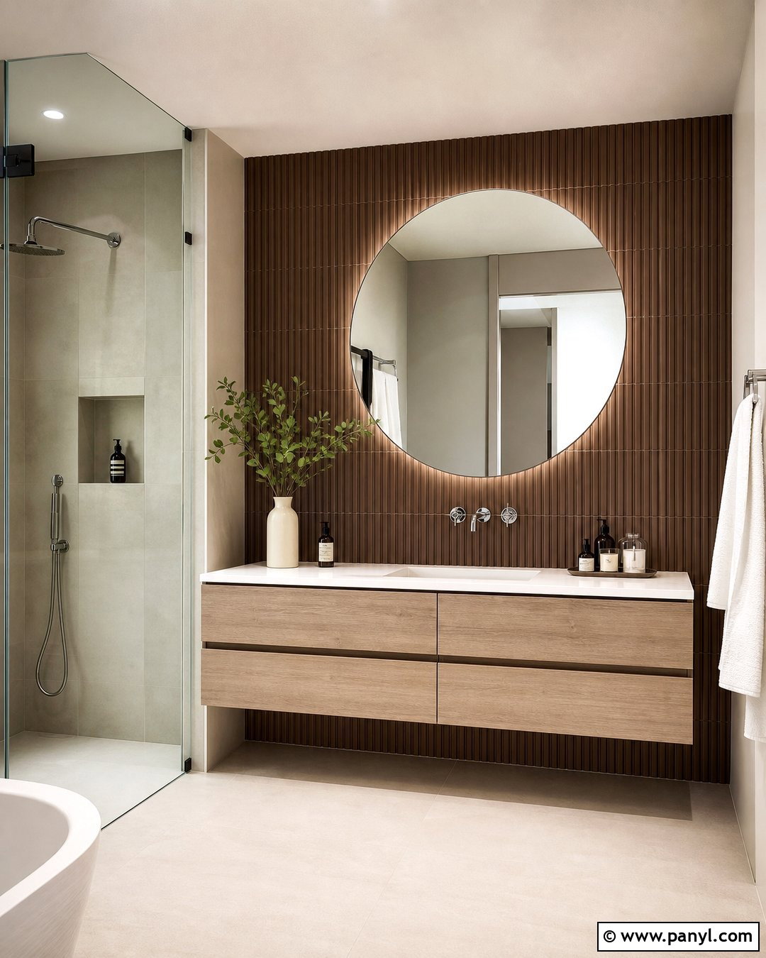 Brown Ribbed Porcelain Bathroom - 20 Brown Textured Wall Bathroom Ideas