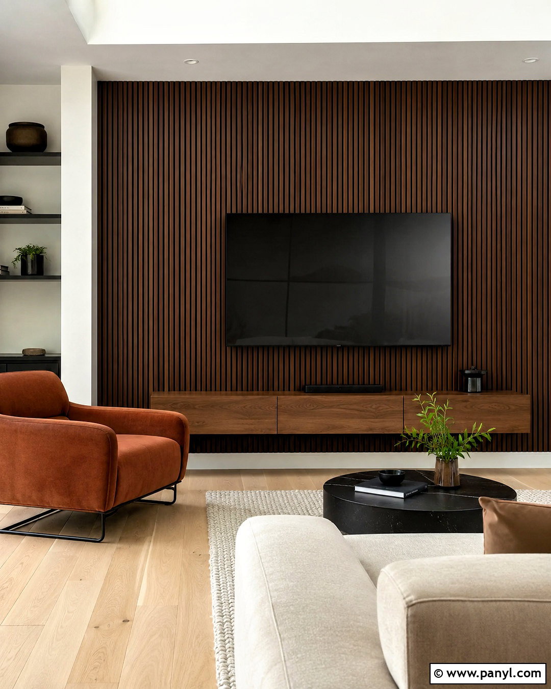 Brown Slat TV Wall - 20 brown panelling ideas