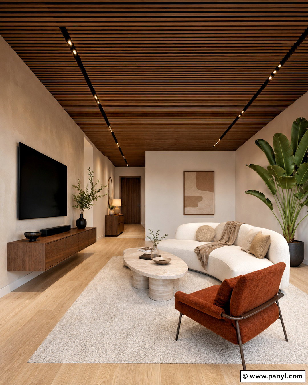 Brown Slatted Ceiling In A Modern Living Room - 20 brown ceiling living room ideas