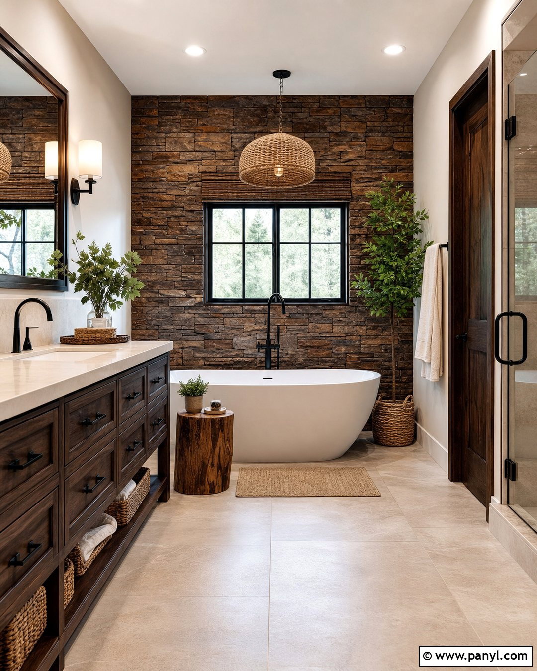 Brown Stacked Stone Bathroom - 20 Brown Textured Wall Bathroom Ideas