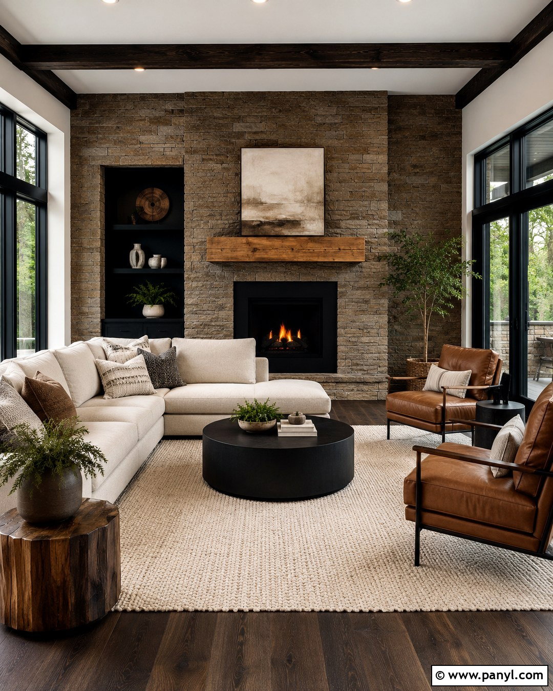 Brown Stone Wall With Black Fireplace - 20 Brown Black Accent Wall Ideas