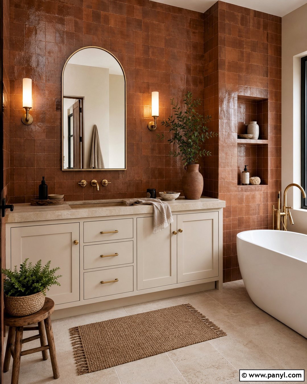 Brown Terracotta Tile Bathroom - 20 Brown Textured Wall Bathroom Ideas