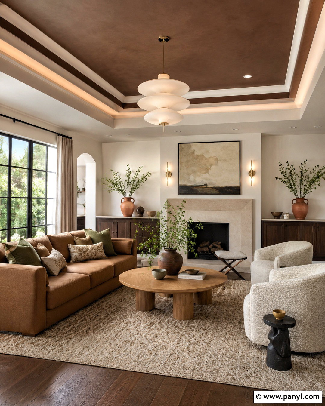 Brown Tray Ceiling With Warm White Trim - 20 brown ceiling living room ideas