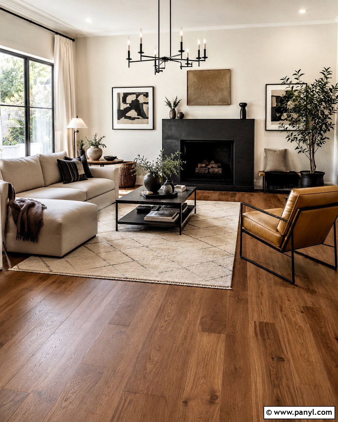 Brown Wood Floor Living Room With Black Accents - 20 brown wooden floor living room ideas