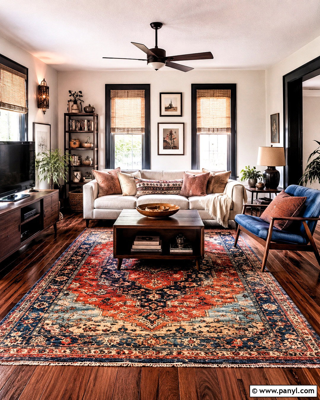 Brown Wood Floor Living Room With Colorful Rug - 20 brown wooden floor living room ideas
