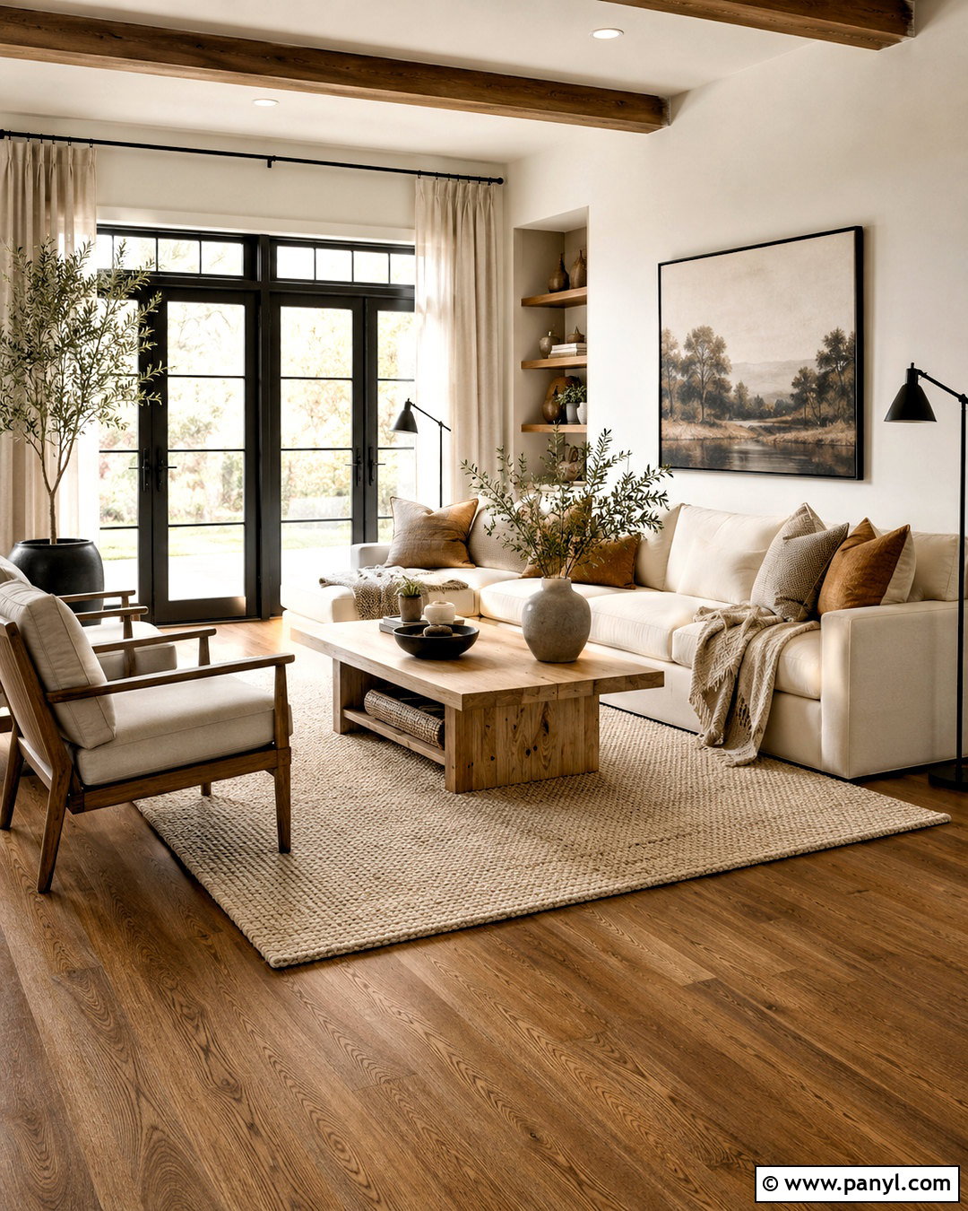 Brown Wood Floor Living Room With Cream Sofa - 20 brown wooden floor living room ideas