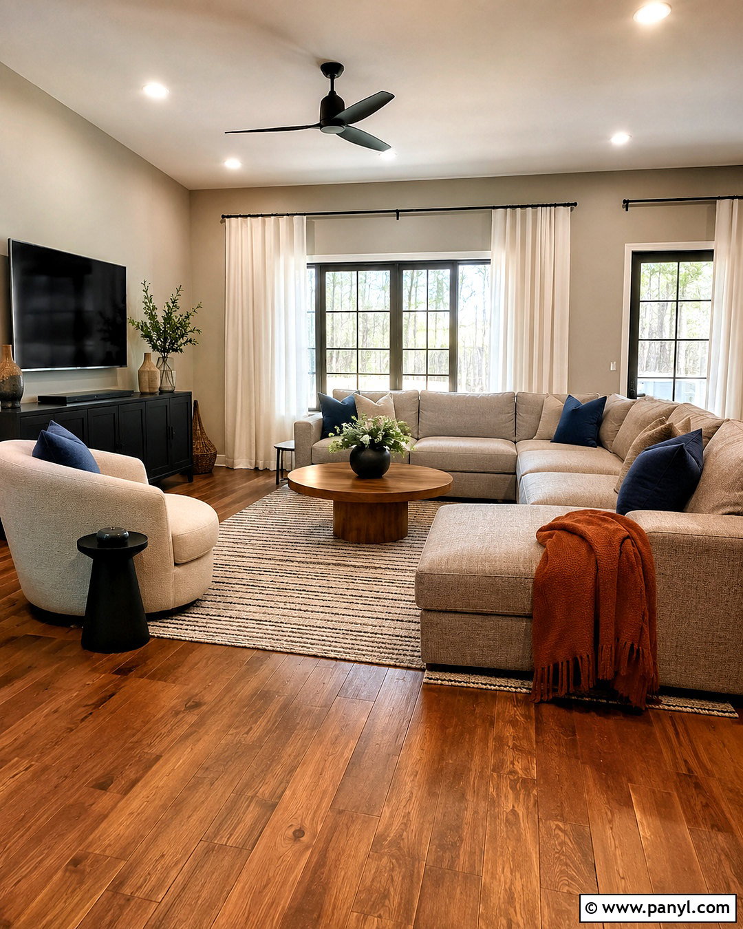 Brown Wood Floor Living Room With Gray Sectional - 20 brown wooden floor living room ideas