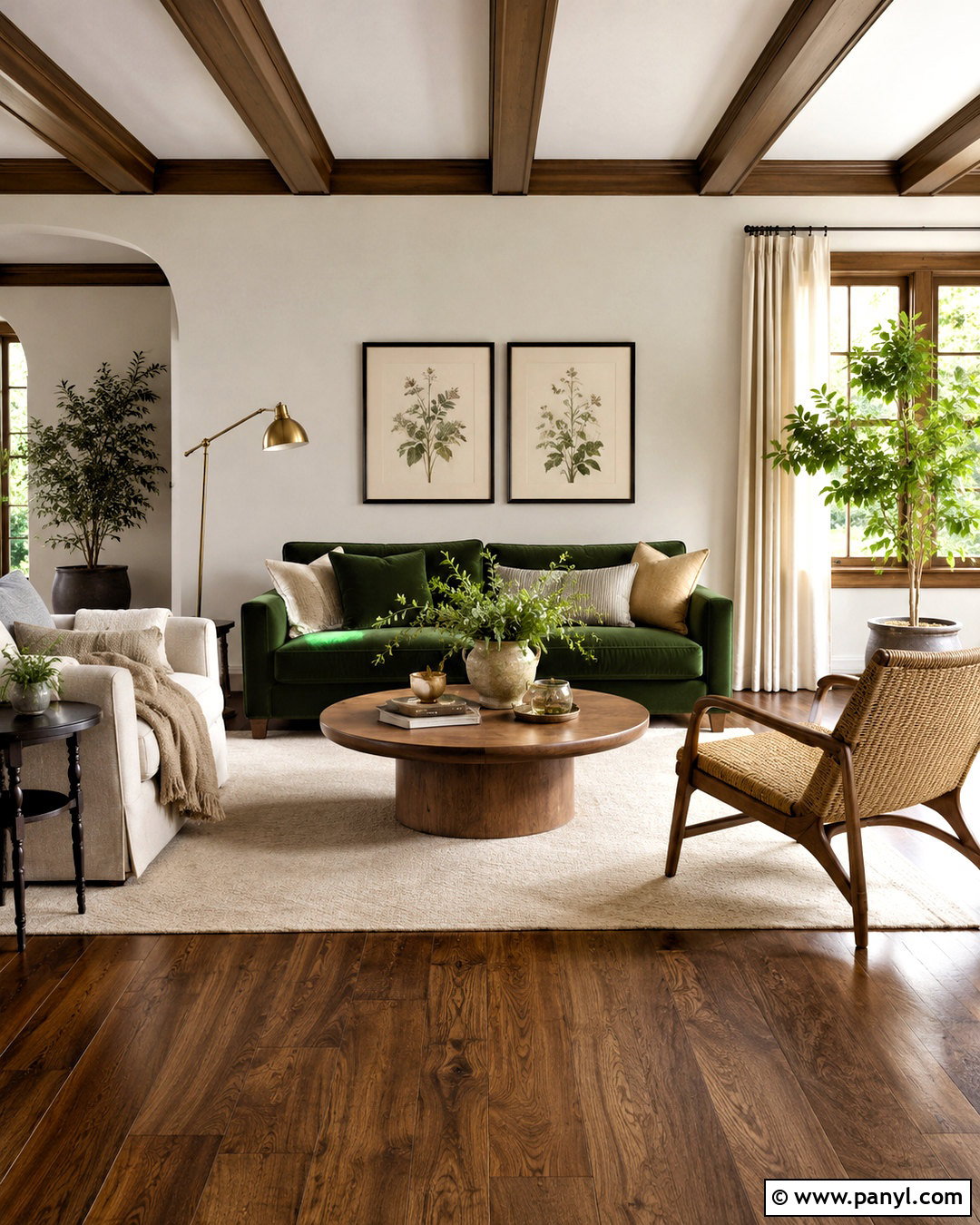 Brown Wood Floor Living Room With Green Sofa - 20 brown wooden floor living room ideas