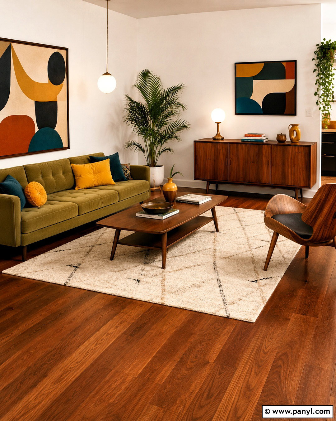 Brown Wood Floor Living Room With Midcentury Furniture - 20 brown wooden floor living room ideas
