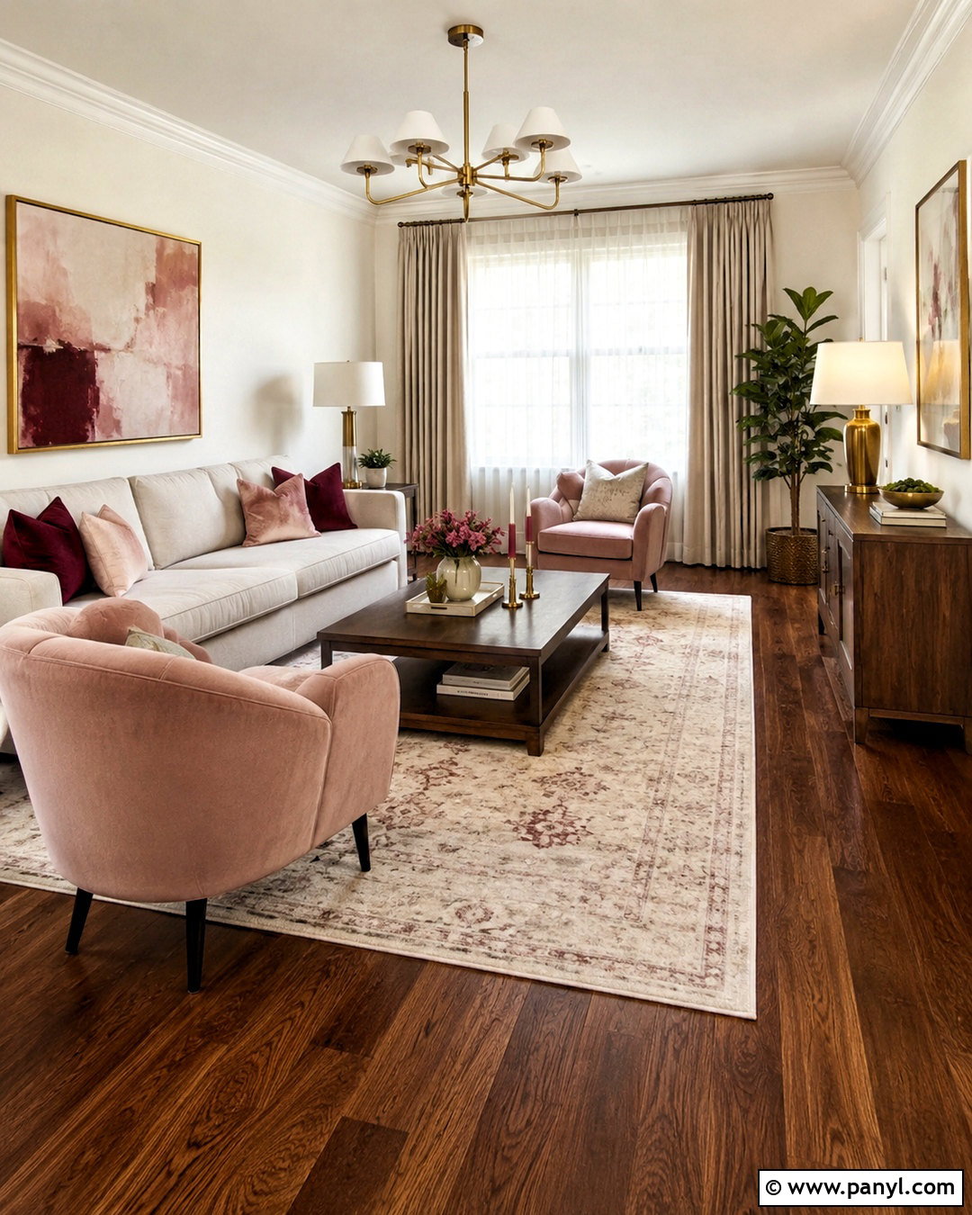Brown Wood Floor Living Room With Pink Accents - 20 brown wooden floor living room ideas