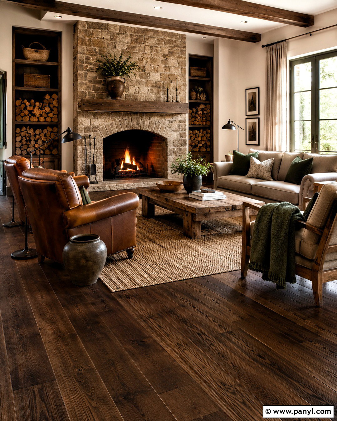 Brown Wood Floor Living Room With Rustic Stone - 20 brown wooden floor living room ideas