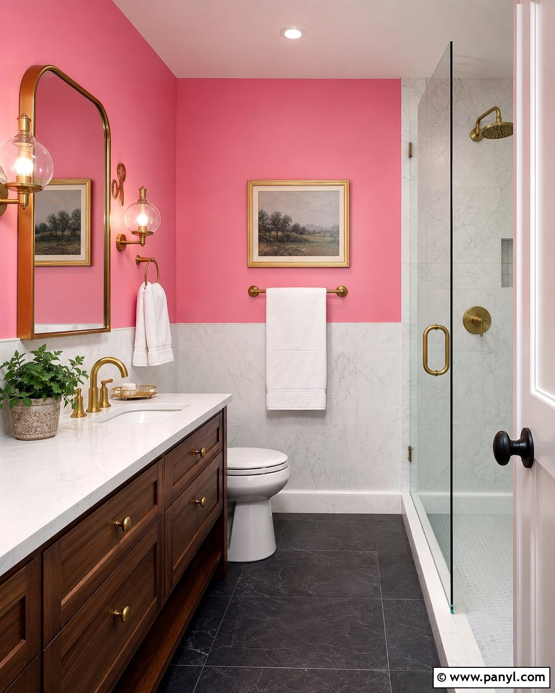 Bubble Gum Pink Bathroom With Marble And Brass - 20 Bubble Gum Pink Wall Paint Ideas