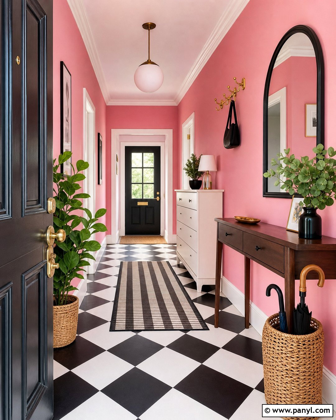 Bubble Gum Pink Entryway With Checkerboard Flooring - 20 Bubble Gum Pink Wall Paint Ideas