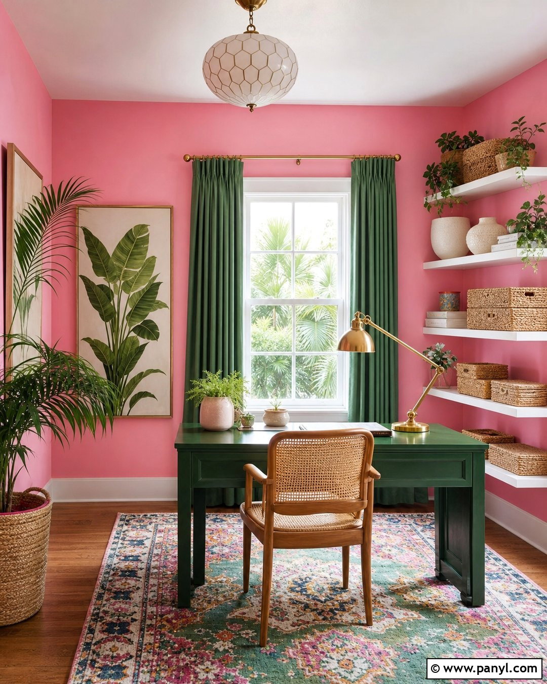 Bubble Gum Pink Home Office With Green Accents - 20 Bubble Gum Pink Wall Paint Ideas