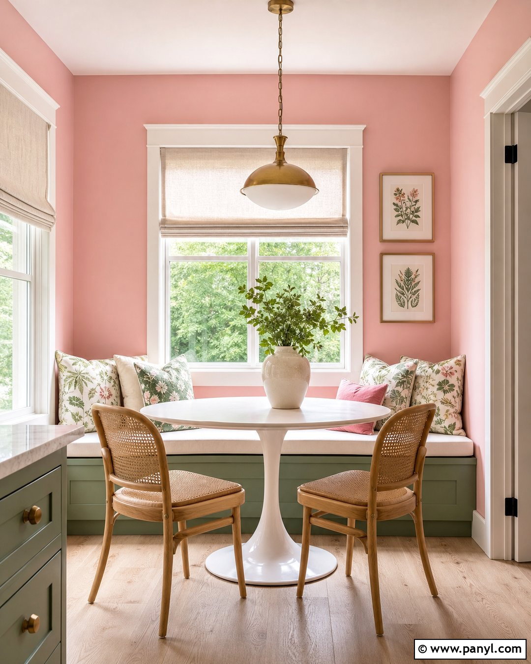 Bubble Gum Pink Kitchen Nook With Sage Green - 20 Bubble Gum Pink Wall Paint Ideas