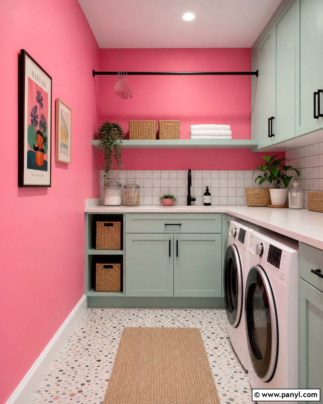 Bubble Gum Pink Laundry Room With Mint Cabinets - 20 Bubble Gum Pink Wall Paint Ideas