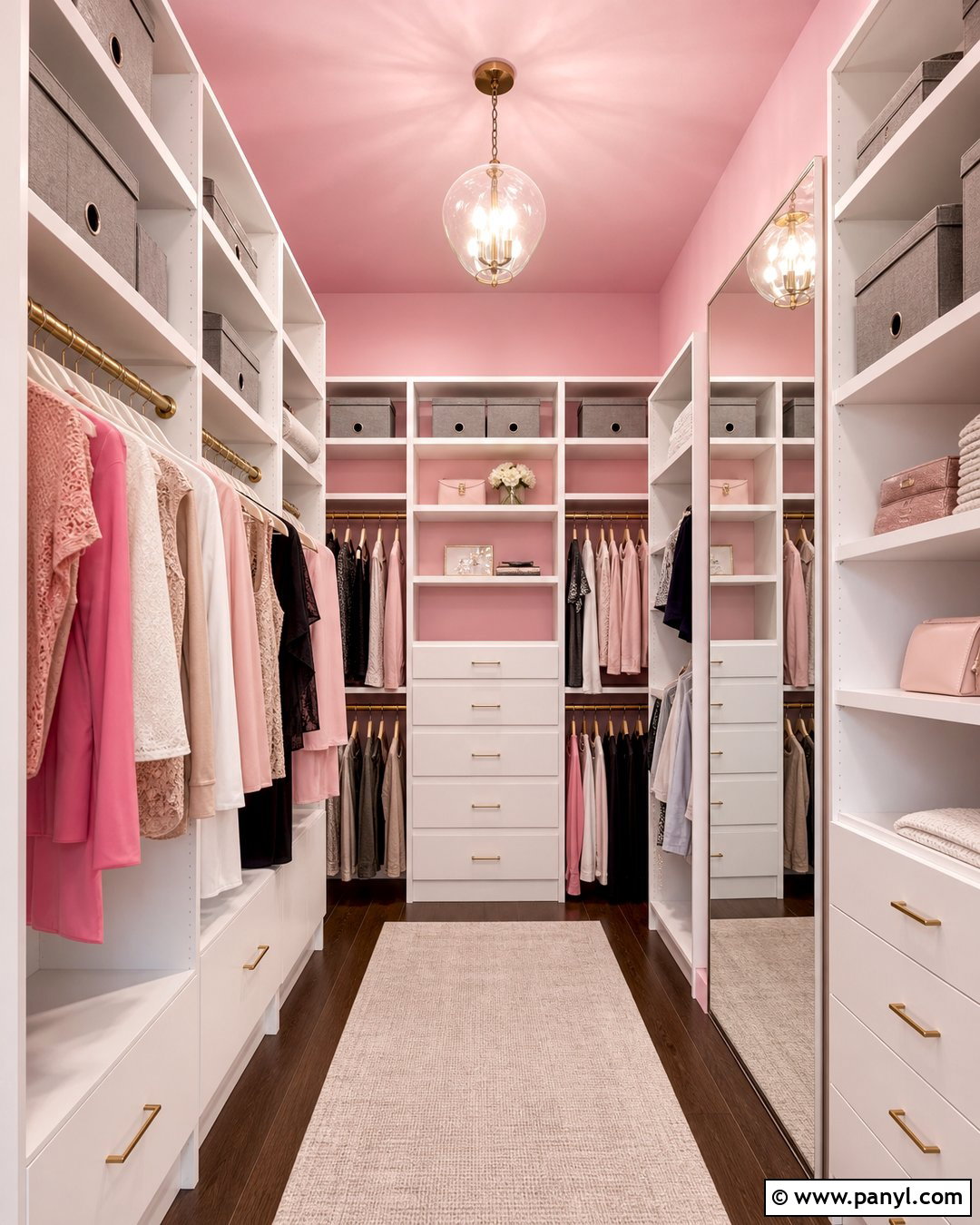 Bubble Gum Pink Walk-In Closet With White Shelving - 20 Bubble Gum Pink Wall Paint Ideas
