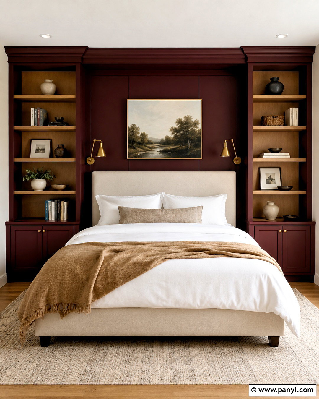 Burgundy Accent Wall With Built-In Shelves - 20 burgundy accent wall bedroom ideas