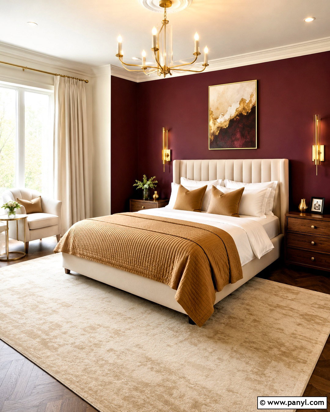 Burgundy Accent Wall With Gold Decor - 20 burgundy accent wall bedroom ideas