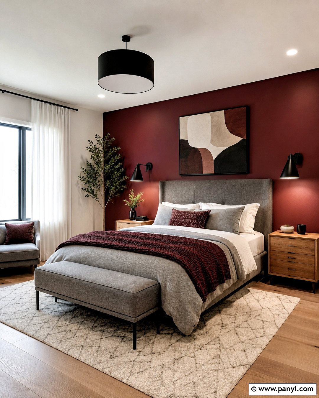 Burgundy Accent Wall With Gray Bedding - 20 burgundy accent wall bedroom ideas