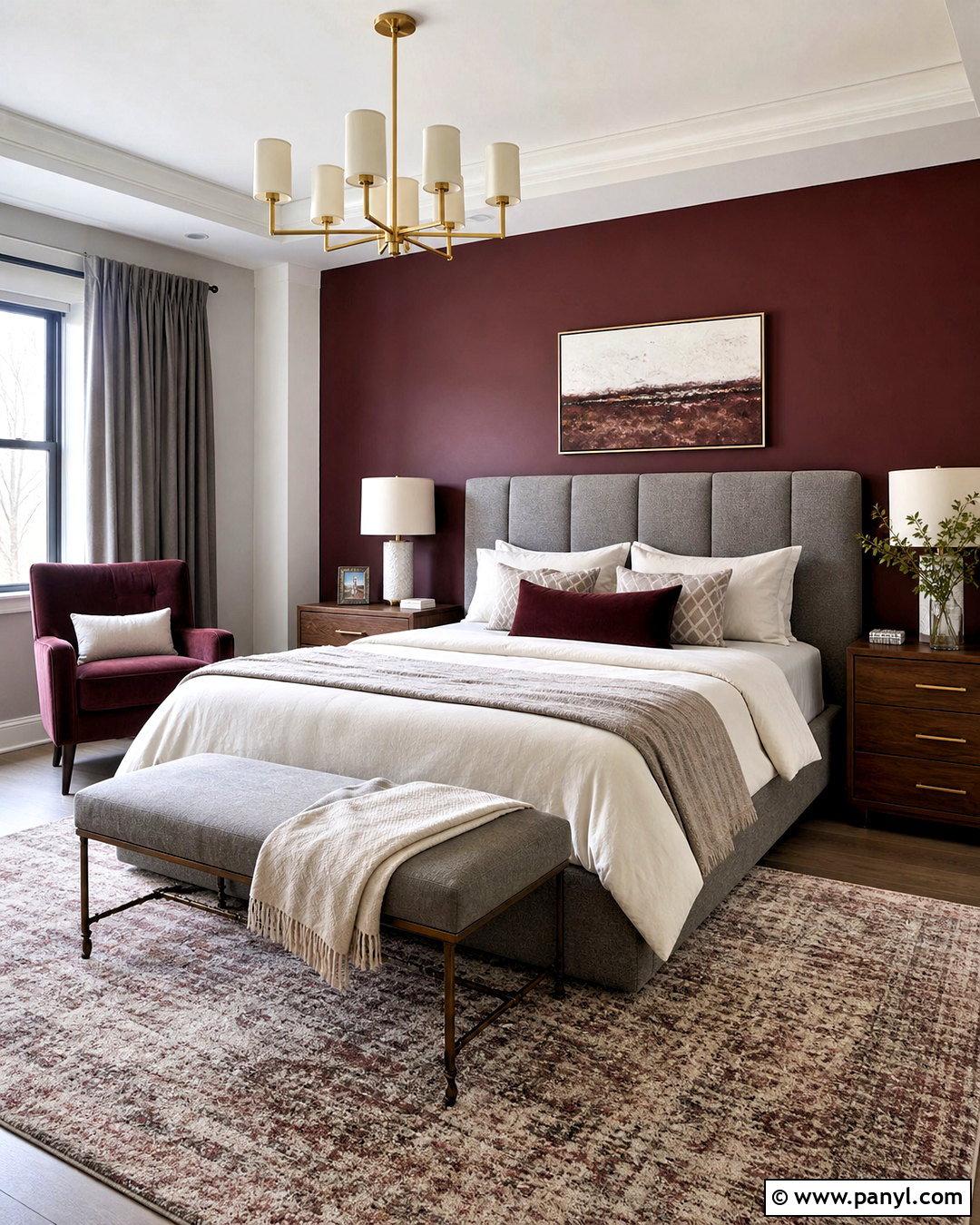 Burgundy Accent Wall With Grey Bed - 20 grey and burgundy bedroom ideas
