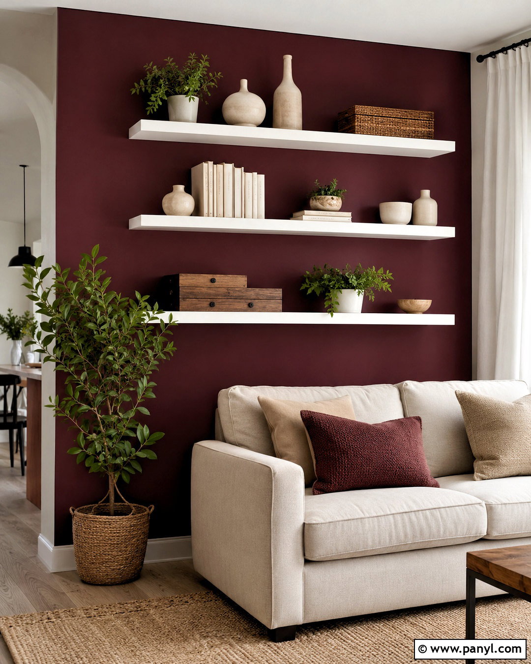 Burgundy Accent Wall With White Shelves - 20 burgundy accent wall ideas