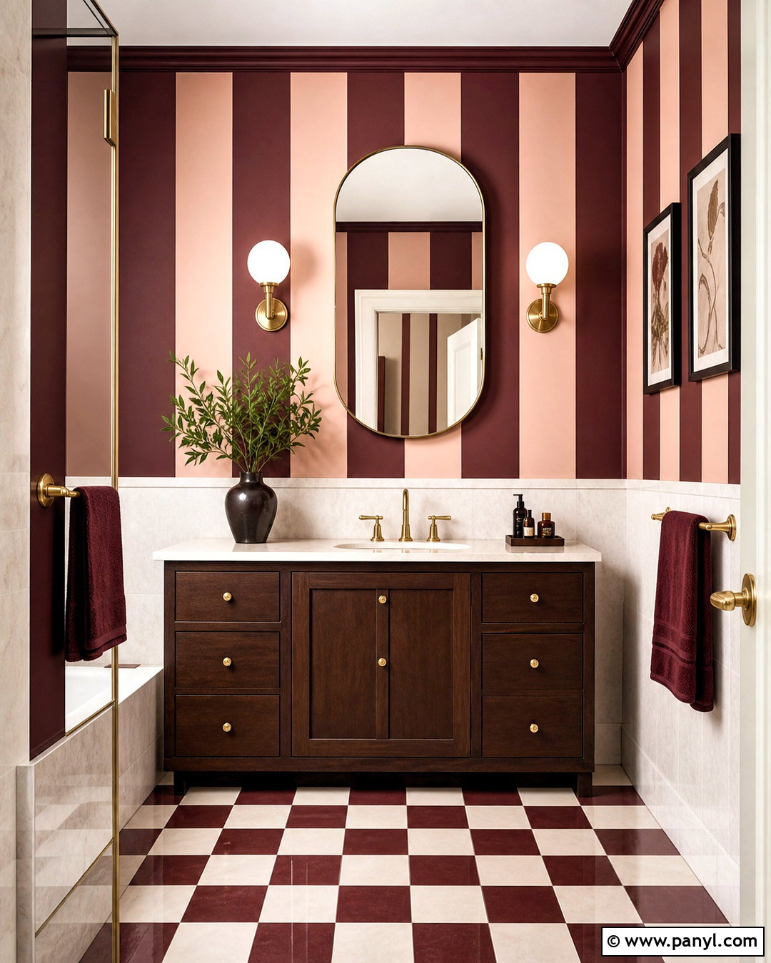 Burgundy And Blush Bathroom Stripes - 20 striped bathroom walls