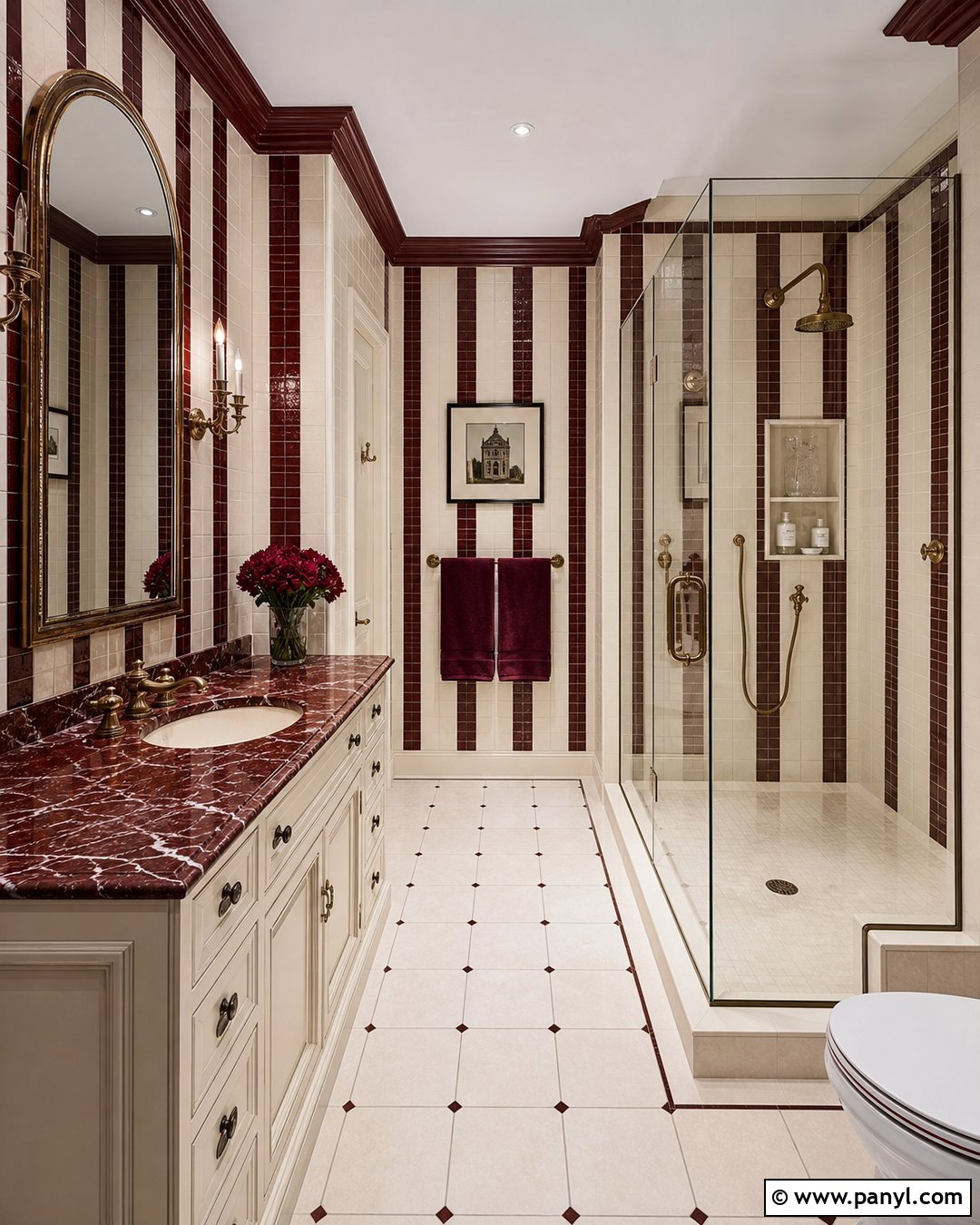 Burgundy And Cream Striped Bathroom Walls - 20 Elegant Bathroom With Striped Walls