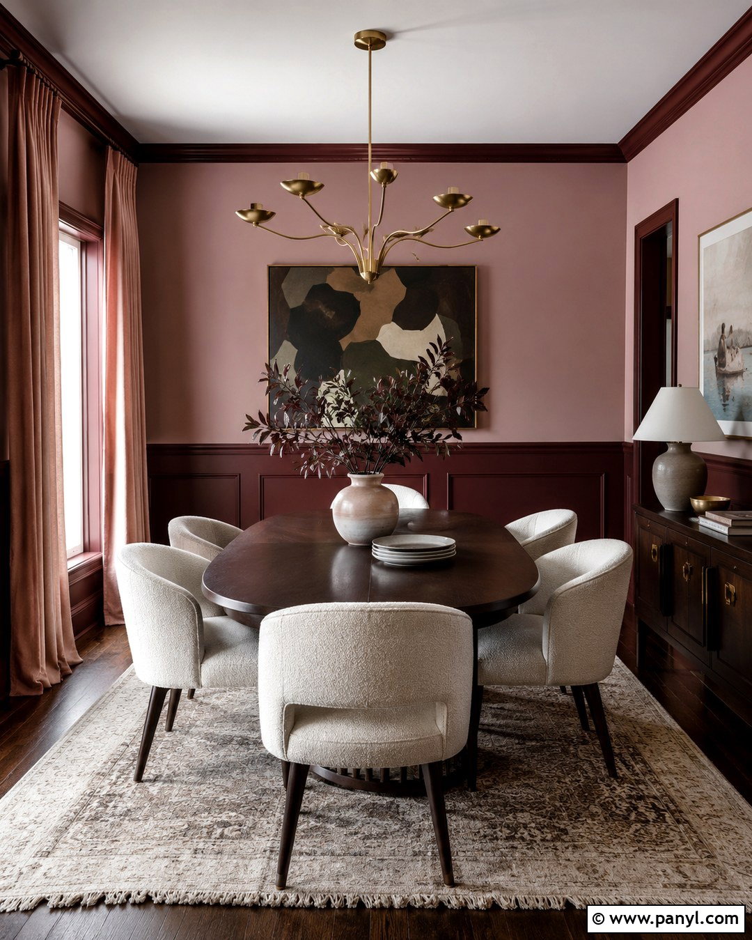 Burgundy And Pink Half-Painted Dining Room - 20 Room Painted Half And Half Ideas