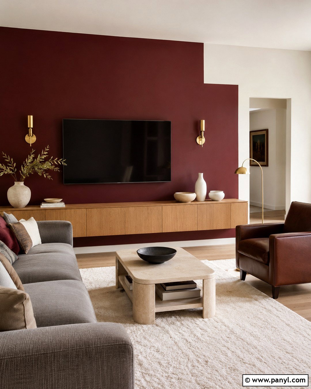 Burgundy Asymmetric TV Wall - 20 Color Block Wall Behind Tv Ideas