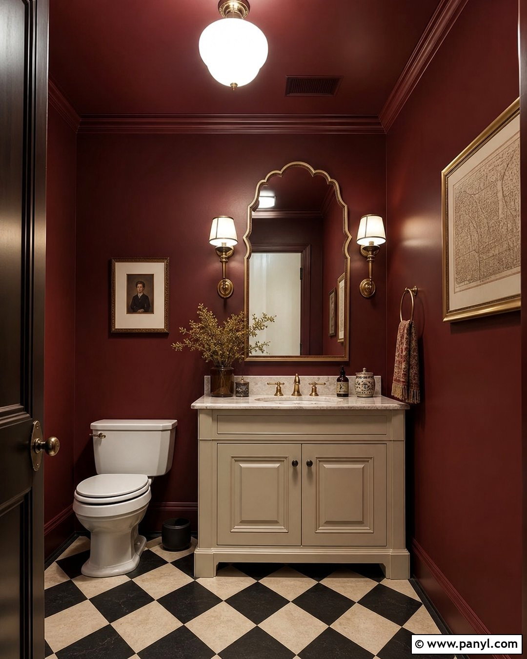 Burgundy Bathroom Walls With Cream Vanity - 30 Bathroom Dark Walls