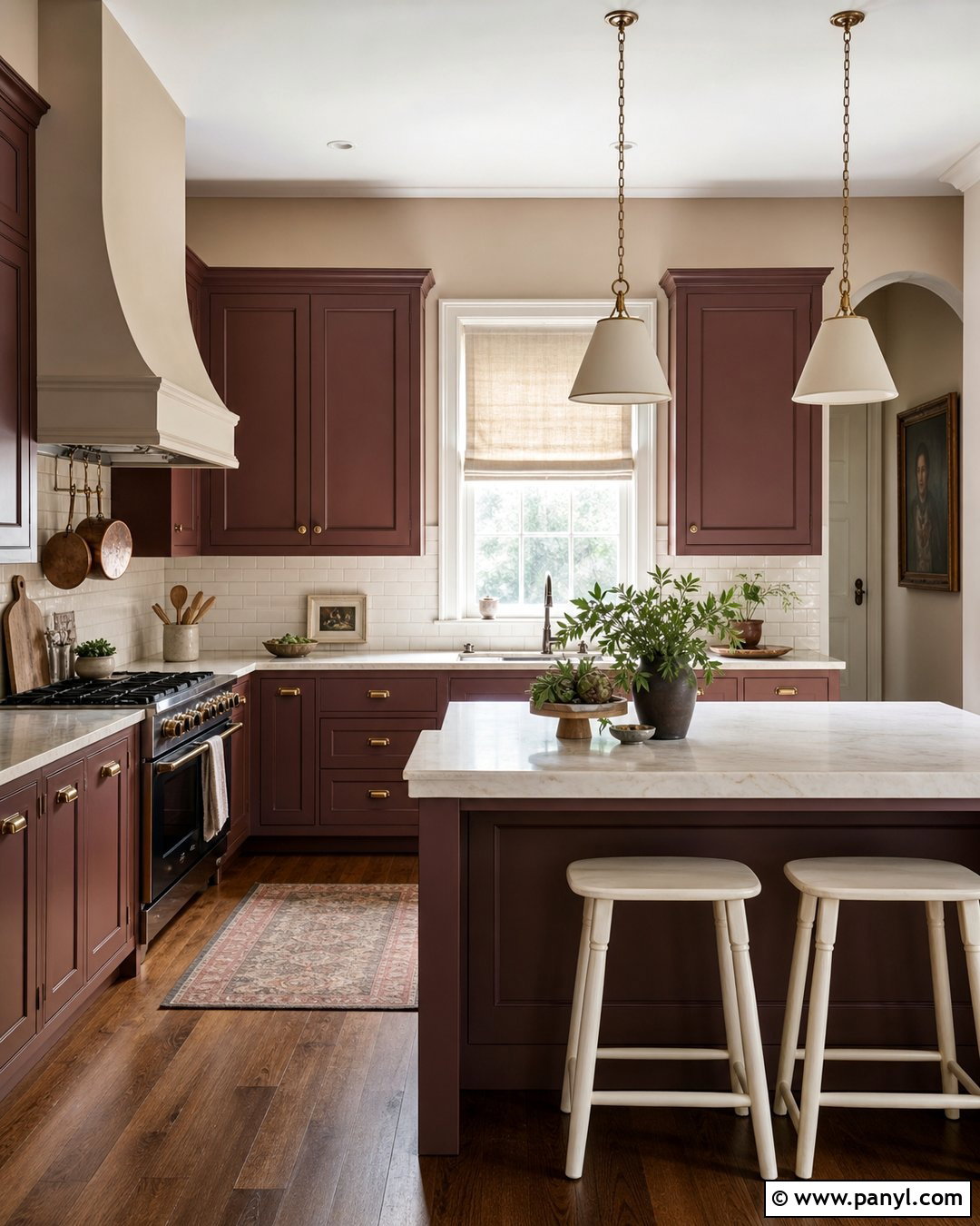 Burgundy Cabinets With Blush Beige Walls - 20 Kitchen Cabinet And Wall Paint Ideas