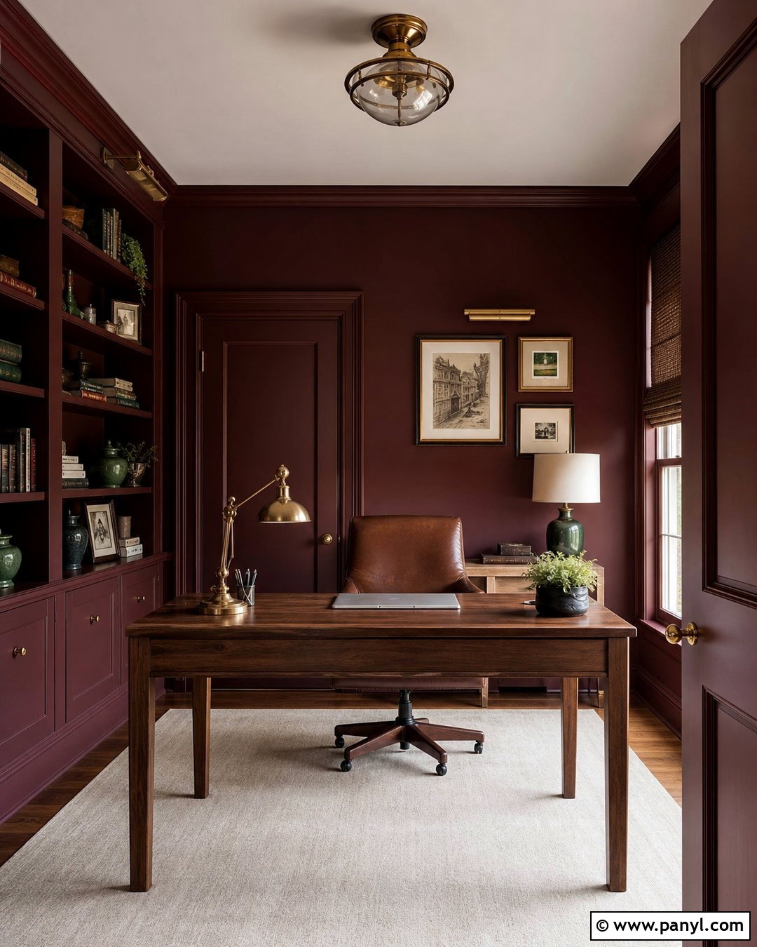 Burgundy Color Drenched Home Office - 25 Color Drenched Walls