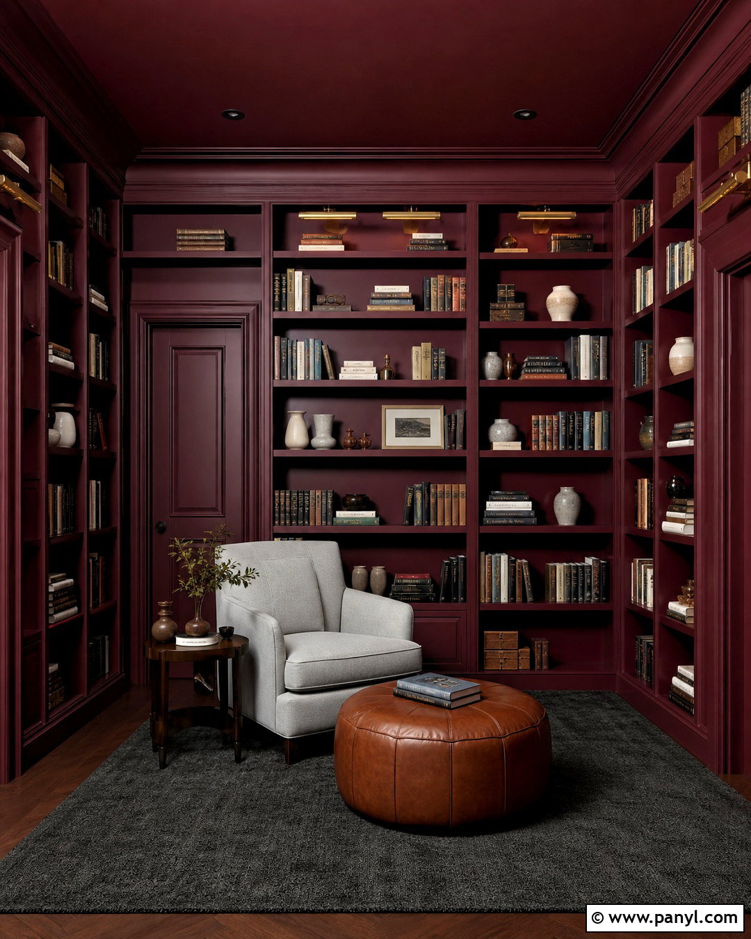 Burgundy Color-Drenched Library - 20 burgundy interior design ideas