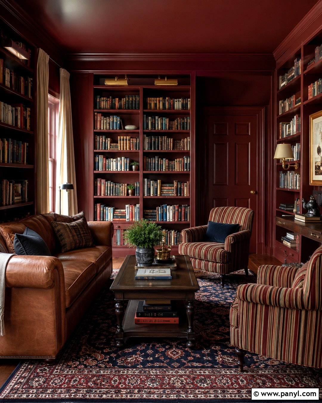 Burgundy Color Drenched Library - 20 Colour Drenching A Room Ideas