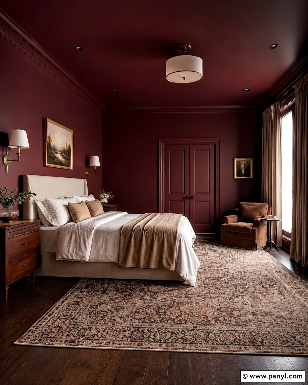 Burgundy Color-Drenched Red Bedroom - 20 moody red bedroom ideas