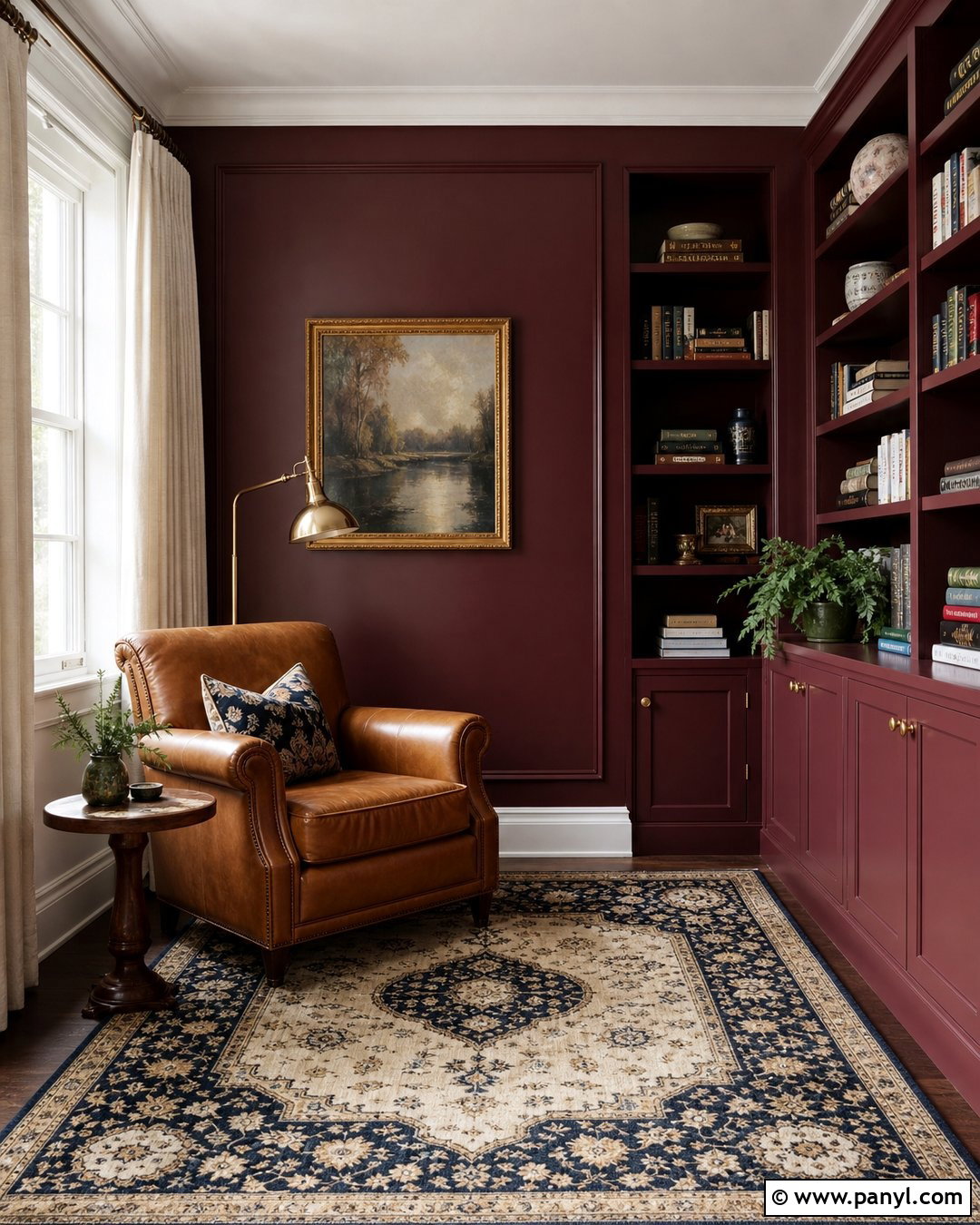 Burgundy Contrast Wall Reading Room - 30 Contrast Wall Ideas