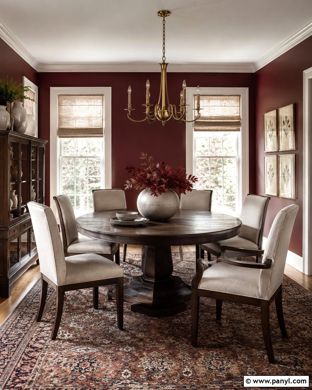 Burgundy Dining Room With White Windows - 20 Dark Walls With White Windows