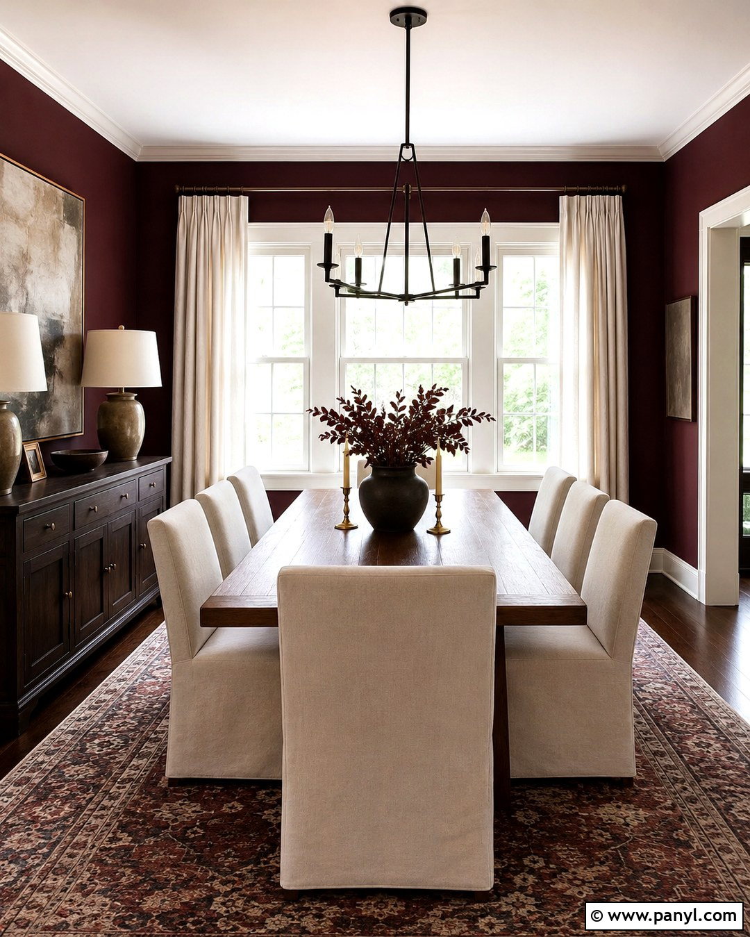 Burgundy Dining Room With White Windows - 20 Dark Walls White Windows