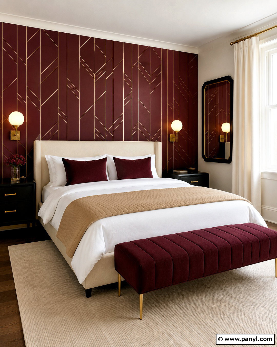 Burgundy Geometric Wallpaper Wall - 20 burgundy accent wall bedroom ideas