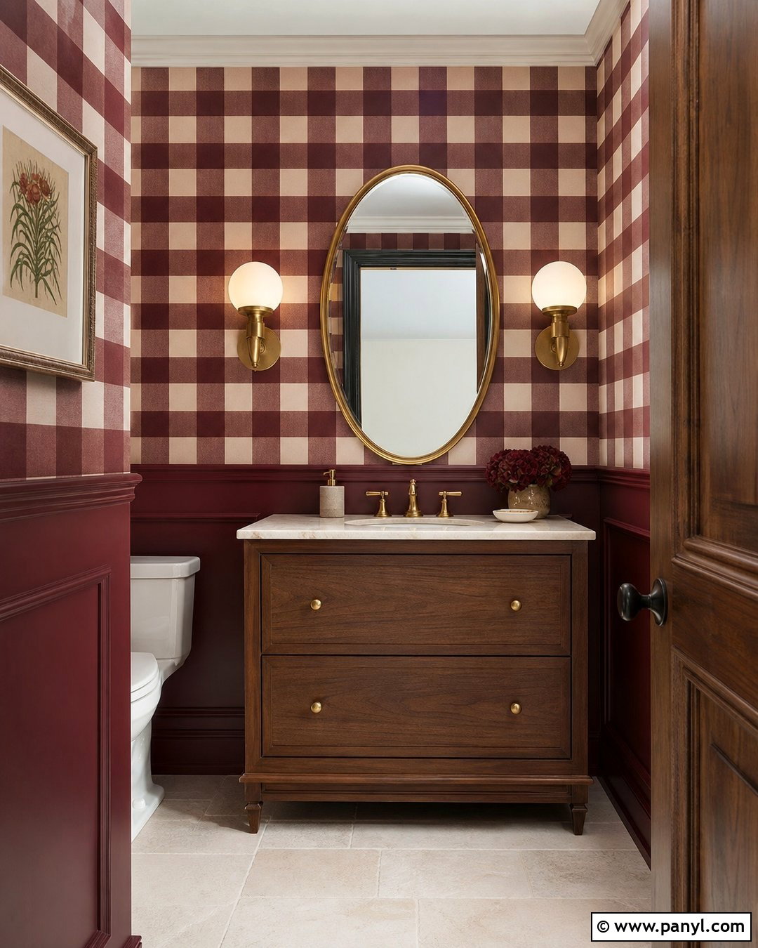 Burgundy Gingham Painted Powder Room Walls - 30 Gingham Painted Walls