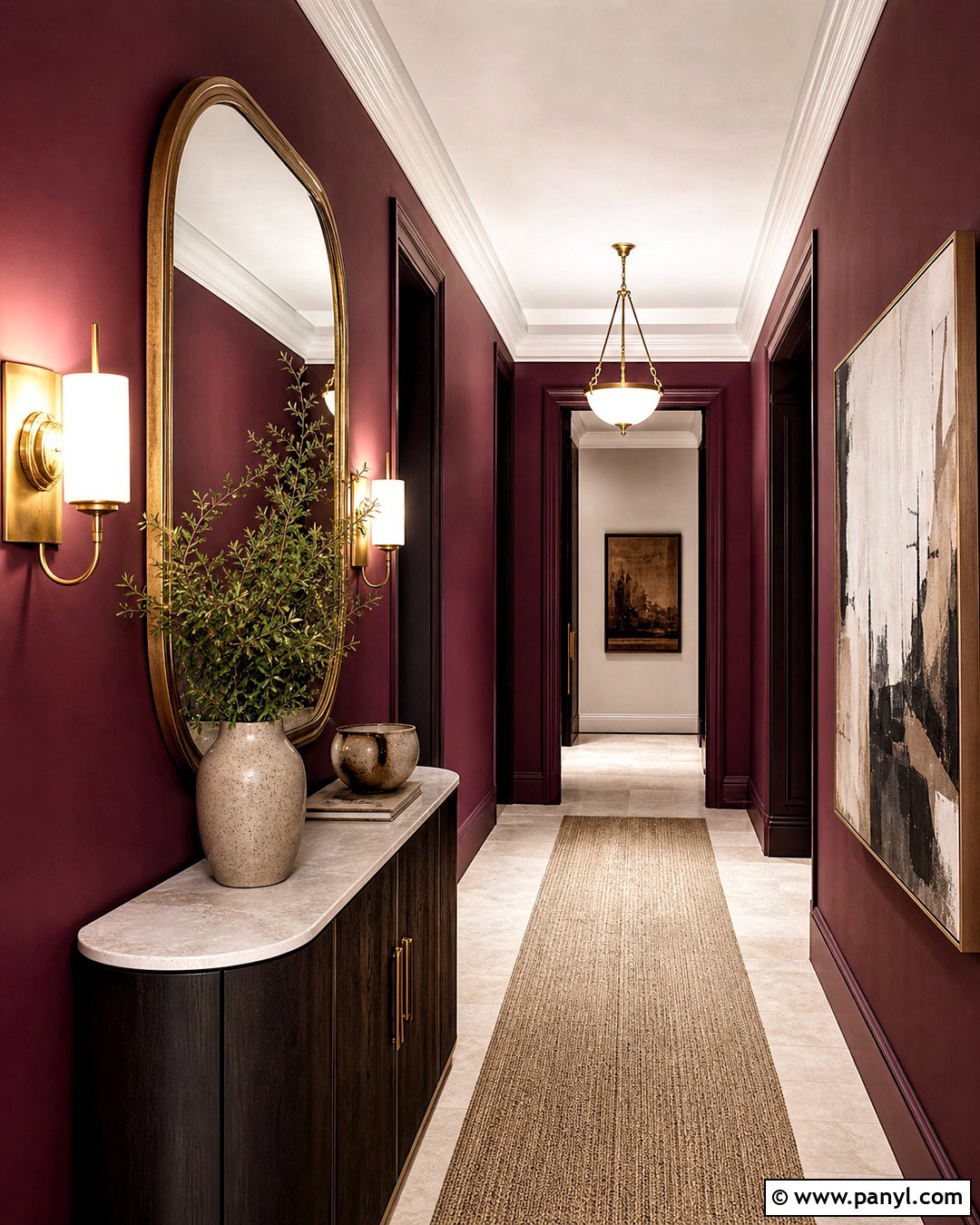 Burgundy Hallway With Brass Accents - 20 burgundy hallway ideas