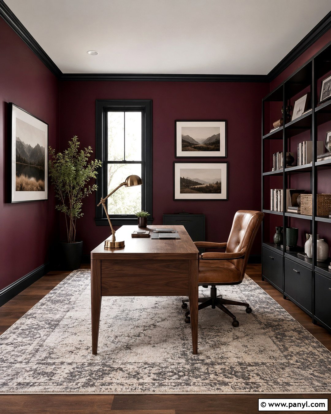 Burgundy Home Office With Black Trim - 20 Burgundy Walls With Black Trim Ideas
