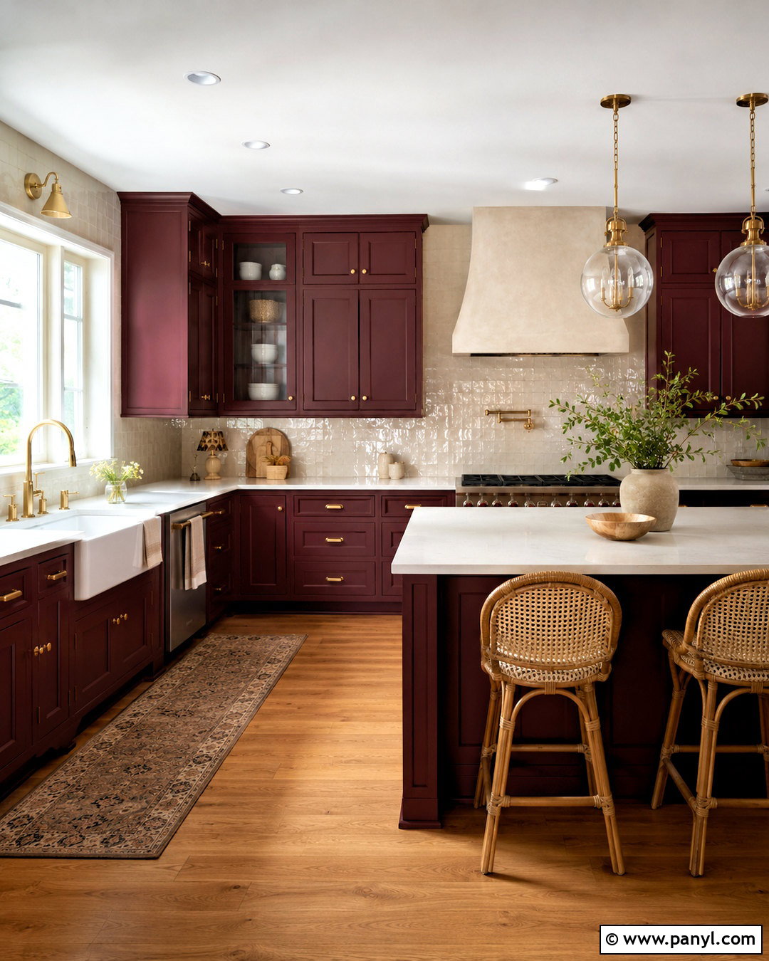Burgundy Kitchen Cabinets With Cream Zellige Tile - 20 burgundy kitchen cabinets