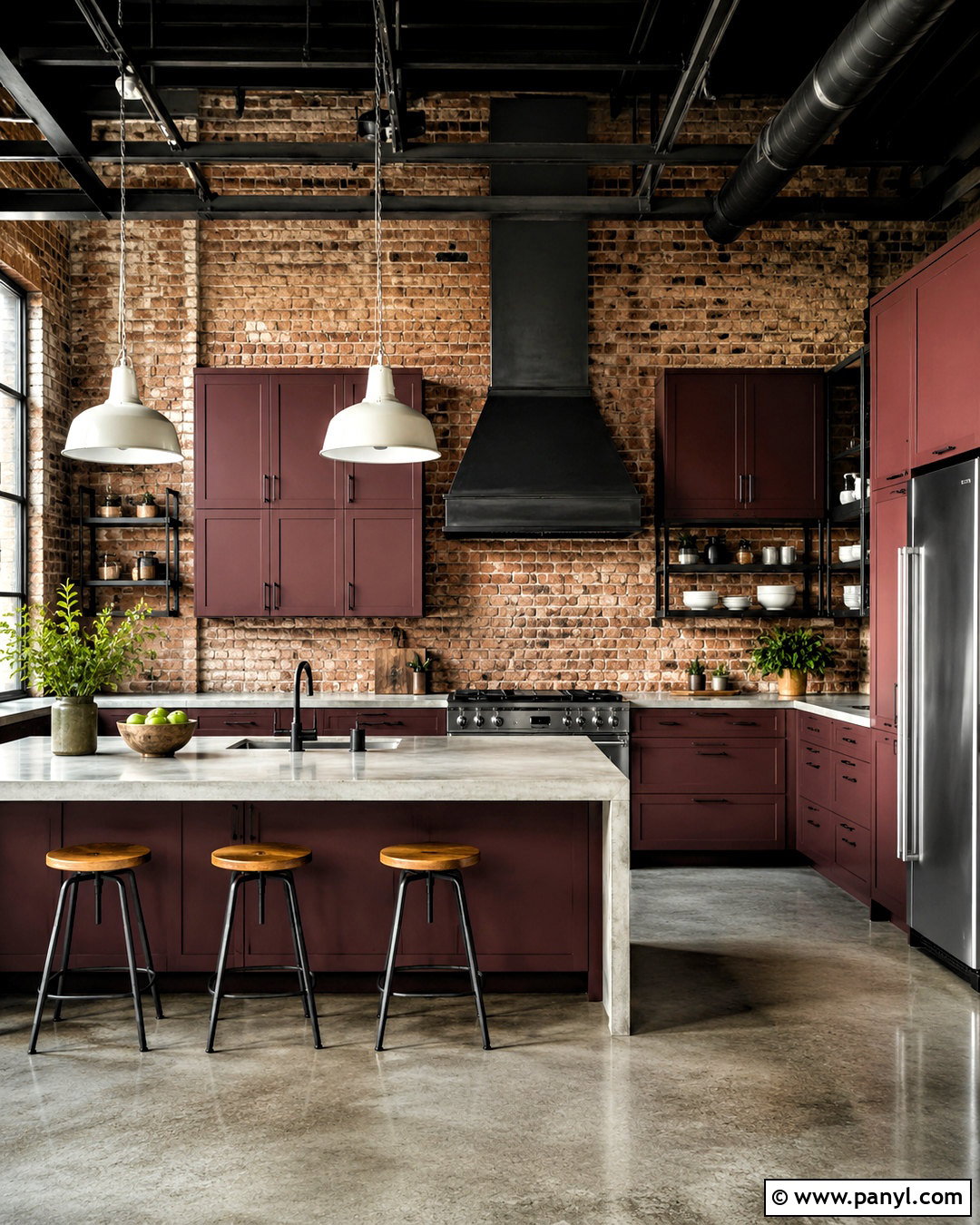 Burgundy Kitchen Cabinets With Industrial Details - 20 burgundy kitchen cabinets