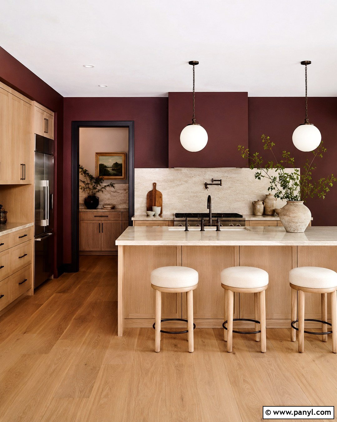 Burgundy Kitchen Wall With Light Wood Cabinets - 20 dark wall in kitchen ideas