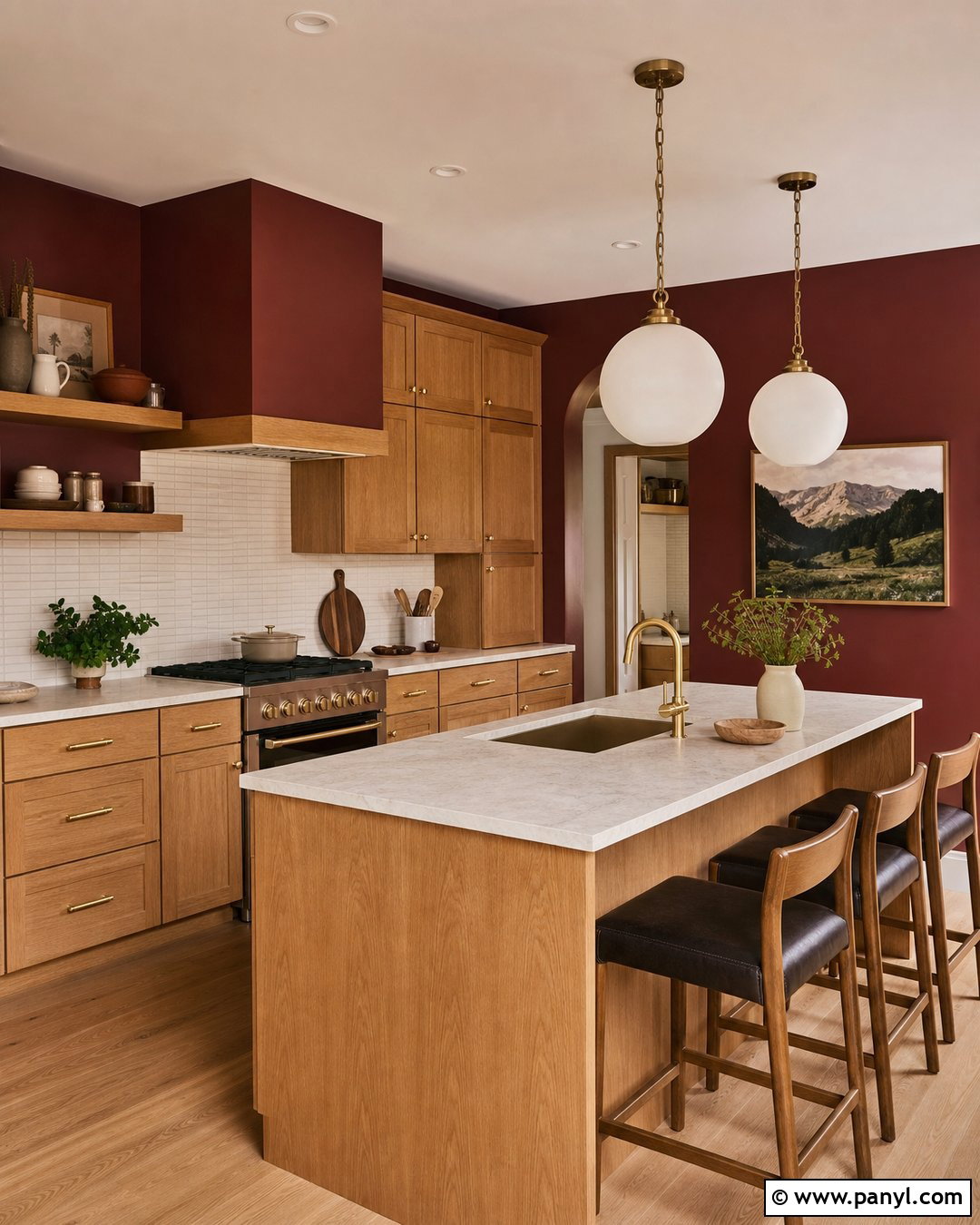 Burgundy Kitchen Walls With Natural Oak Cabinets - 35 burgundy kitchen walls