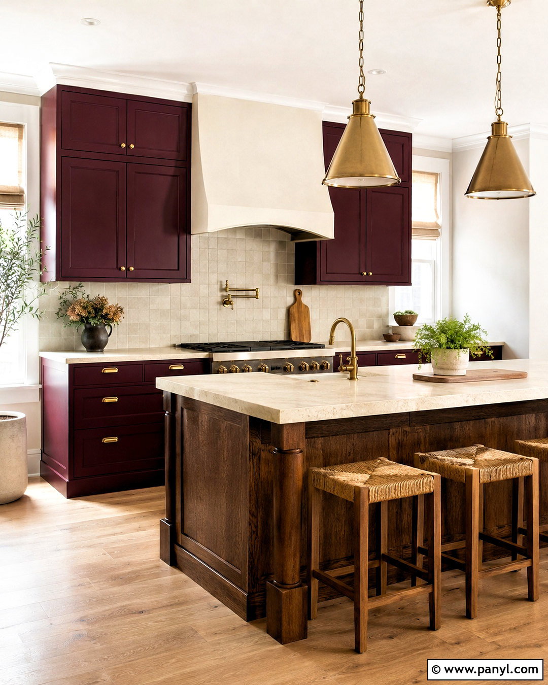Burgundy Kitchen With Cream Stone - 20 moody kitchen ideas